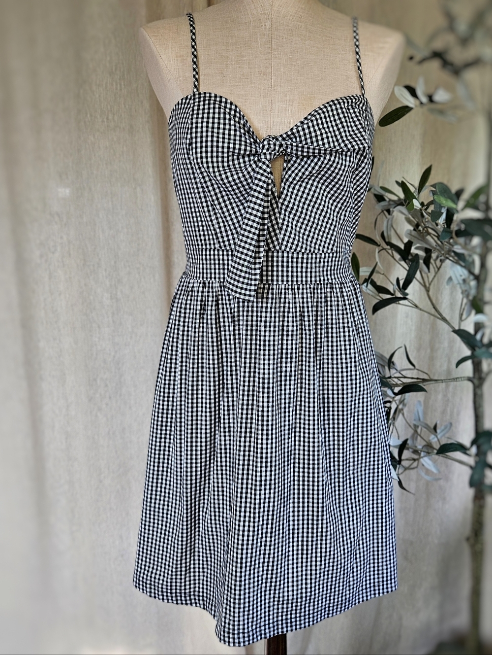 Black/White Gingham Sweetheart Tie Front Short Cottagecore Sleeveless Sundress S